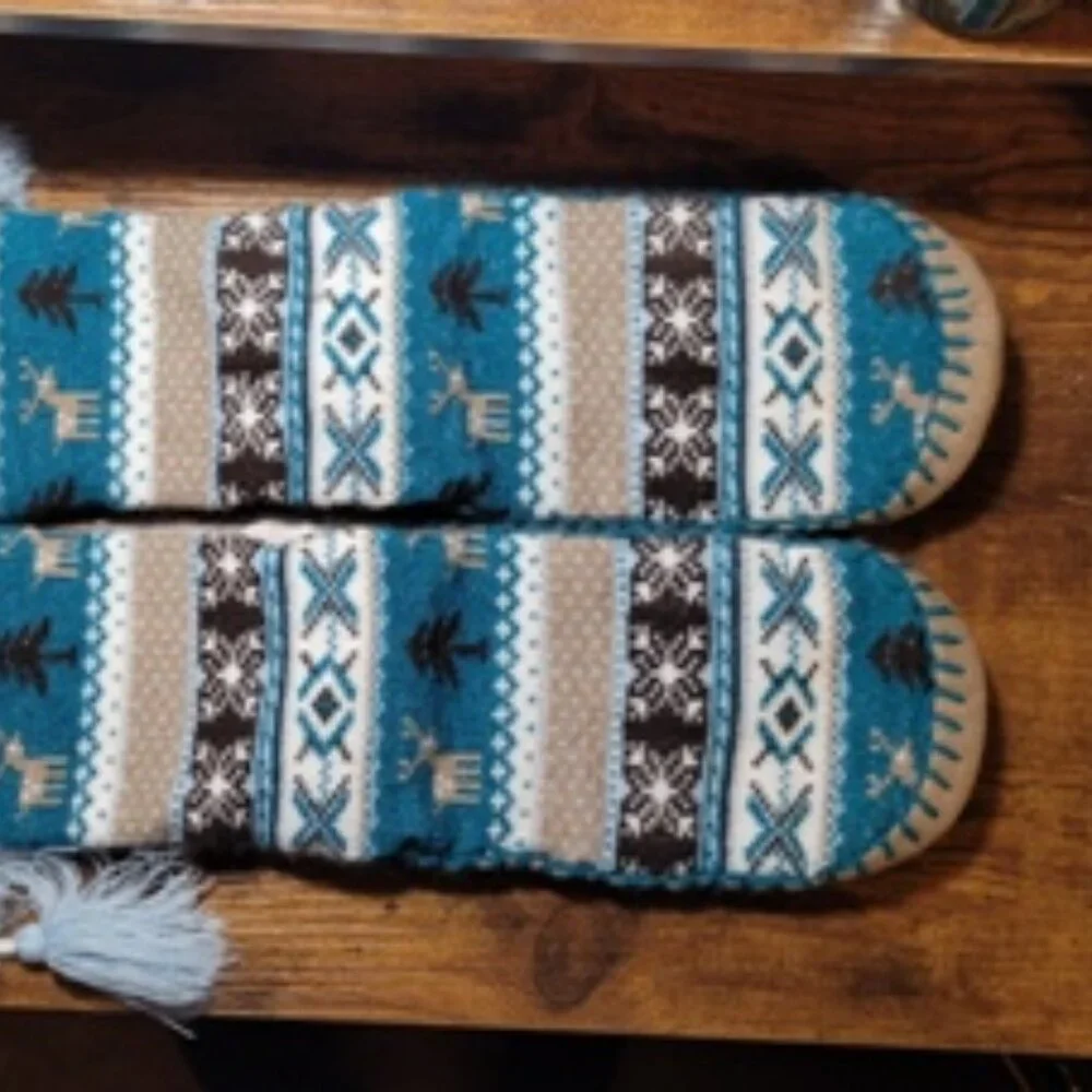 Blue and Brown Slipper Sock Booties Deer Pattern OS Fits Most